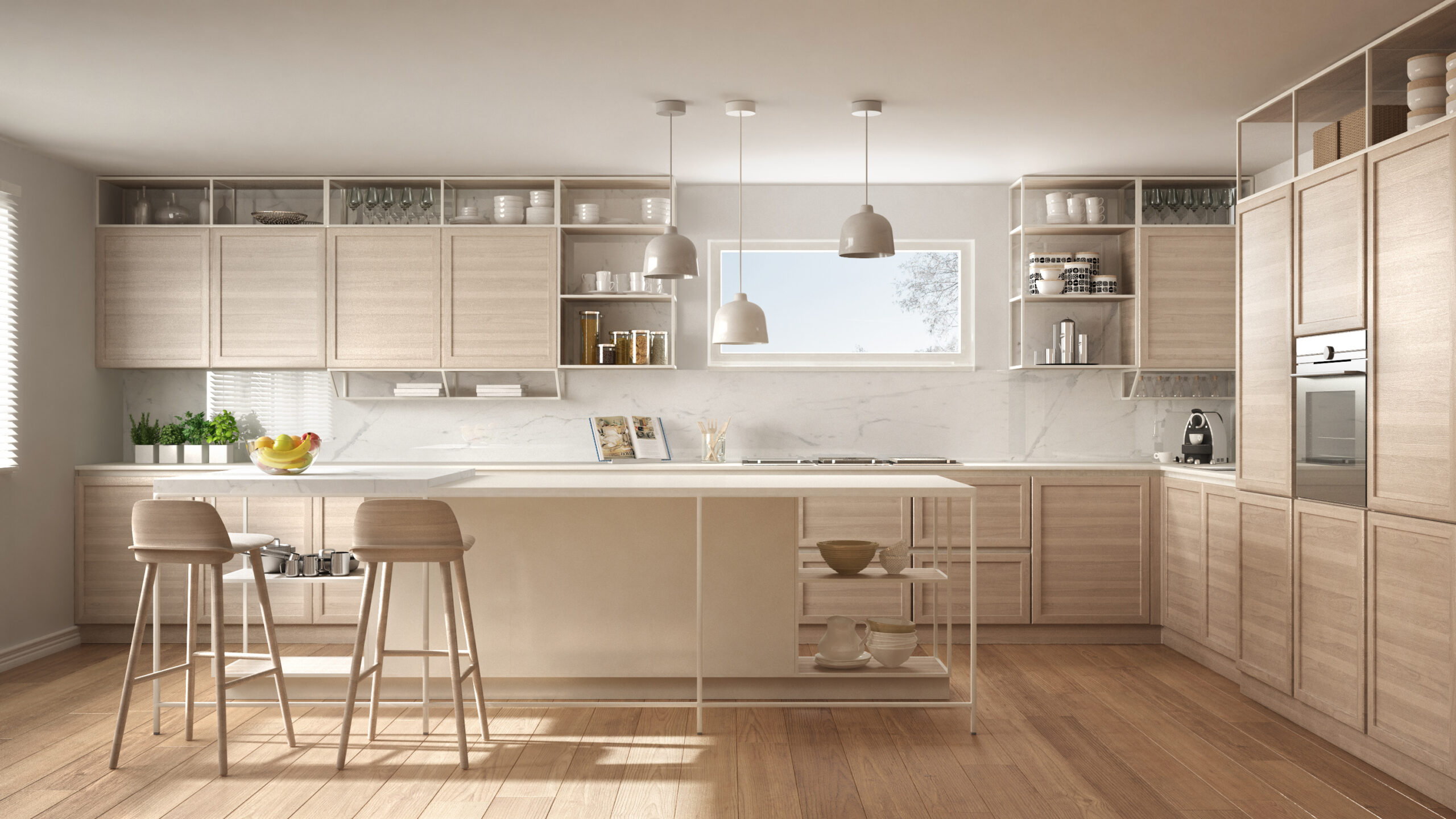 Modern white kitchen with wooden details and parquet floor, mode